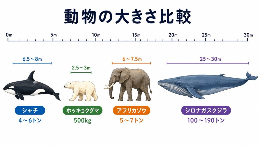 動物の大きさ比較(シャチ、ホッキョクグマ、アフリカゾウ、シロナガスクジラ)